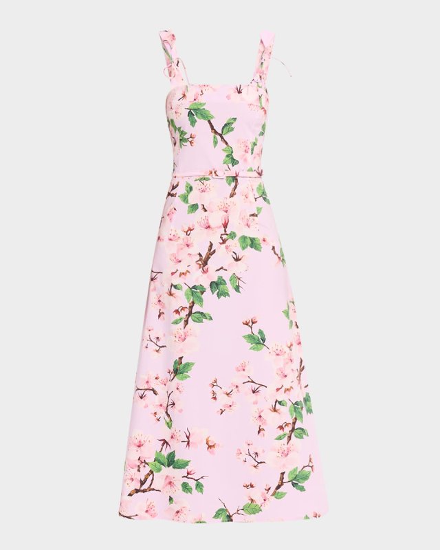 Cherry Blossom Poplin Bow Midi Dress With Belt